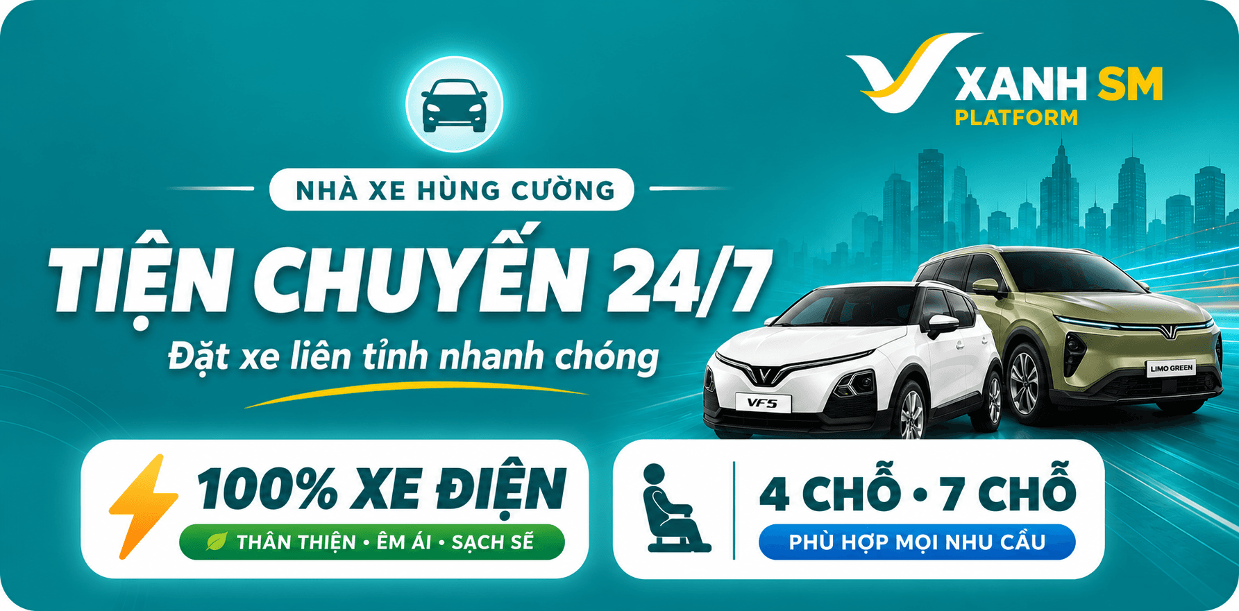 Tiện Chuyến 24/7 - 100% xe điện, xe 4 chỗ và 7 chỗ